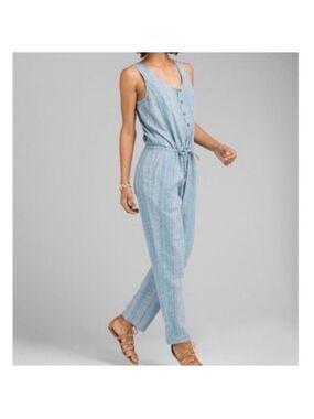 Prana Light Blue Button-Front Hemp Blend Sleeveless Jumpsuit